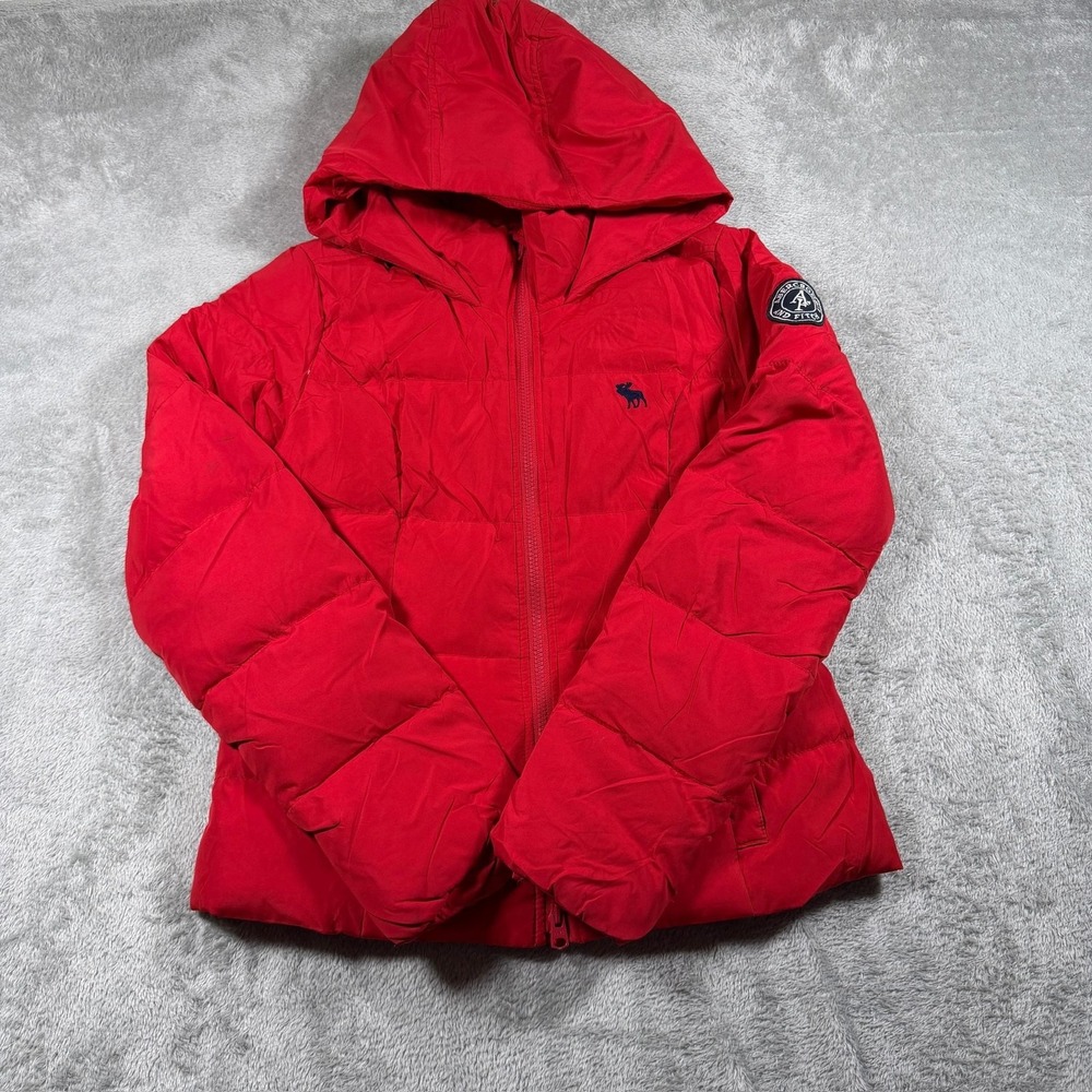 Abercrombie & Fitch‎ Puffer Jacket Womens Medium Red Hooded Down Feathers Winter